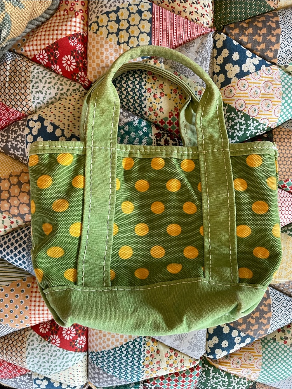 L.L. Bean RARE Green Canvas Tote with Yellow Polka Dots MINI